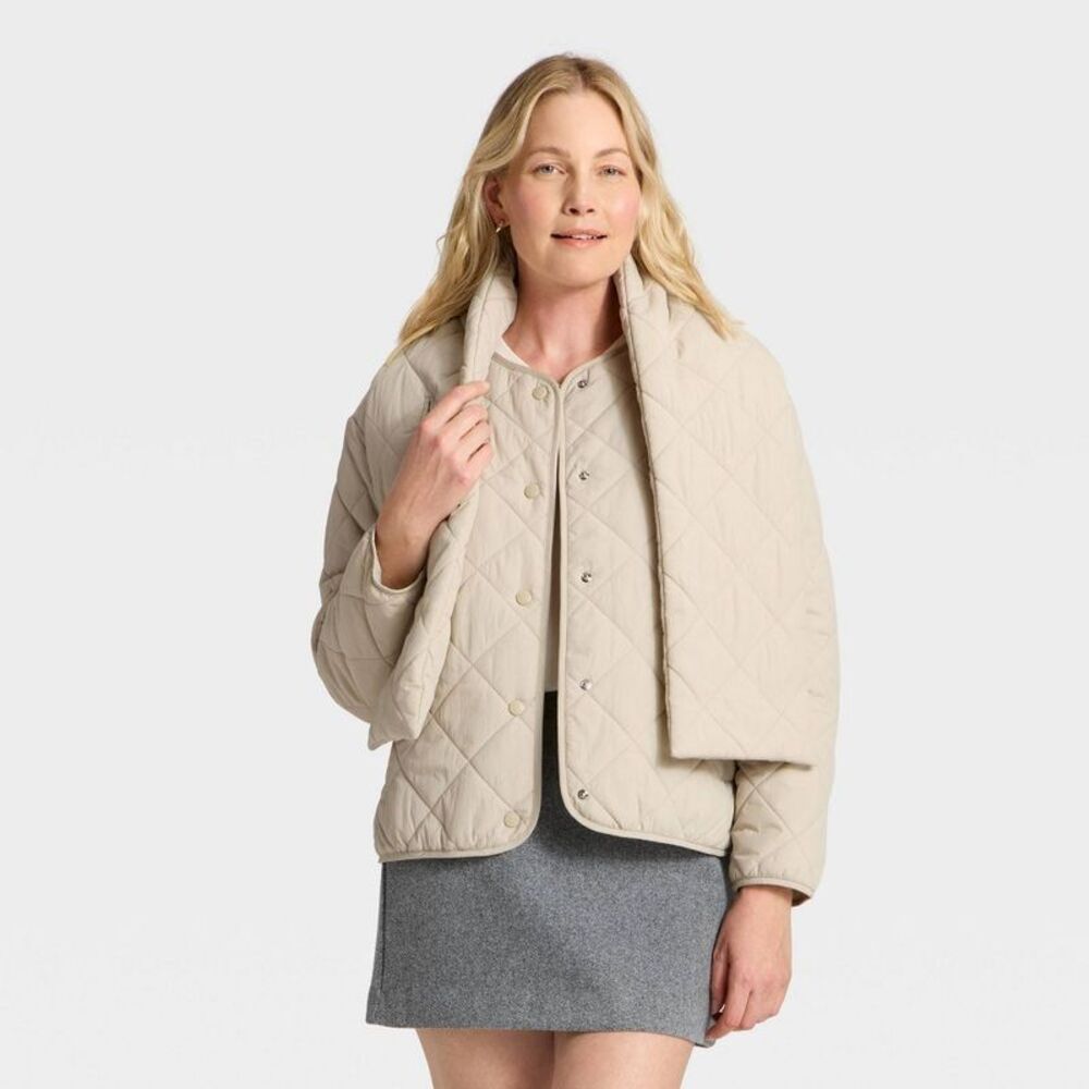 Women's Quilted Scarf Jacket - A New Day Cream L